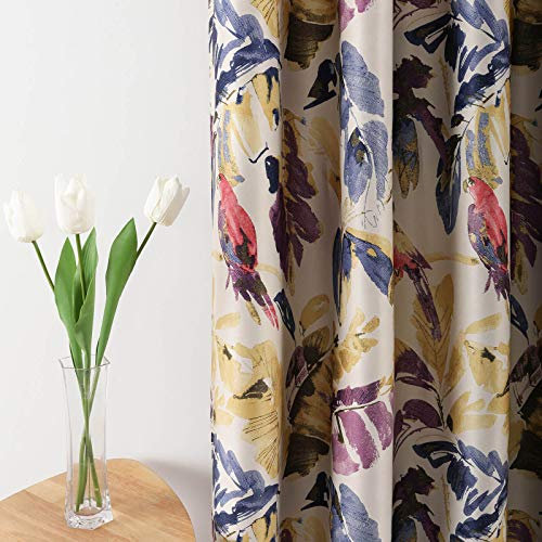 Leeva Window Blackout Curtains and Drapes for Bedroom, Purple and Yellow Leave Macow Print Pattern Heavy Curtain Panels with Grommet Top for Patio Sliding Door, Set of 2, 52x63