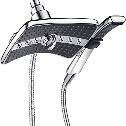 BRIGHT SHOWERS Juego combinado de cabezal de ducha doble, cabezal de ducha de mano con cara negra, manguera de ducha de acero inoxidable de 60 pulgadas de largo, cromado