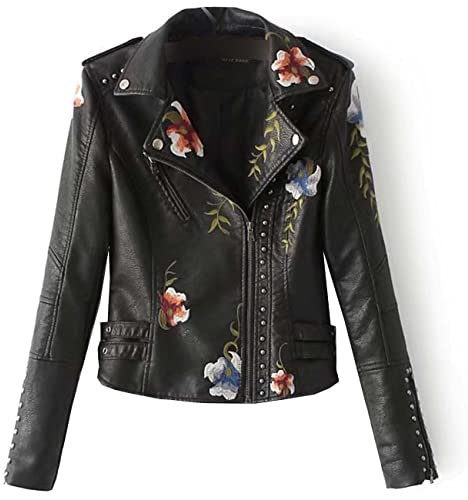 BAIXIAOCHI Fleurs D'Automne Broderie Rivets Fermeture éClair Pu Cuir Slim Veste Courte Femmes