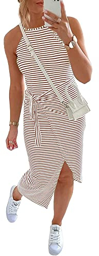 NOLLSOM lässiges, ärmelloses, gestreiftes Midi-Kleid mit Trägern, gerüscht, figurbetontes Kleid, Bindeband in der Taille, T-Shirt-Sommerkleid, Braun gestreift, Mittel