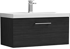 nuie ARN625D Arno Modern Bathroom Wall Hung 1 Drawer Vanity Unit with Thin-Edge Ceramic Basin, 800mm, Woodgrain Charcoal Black