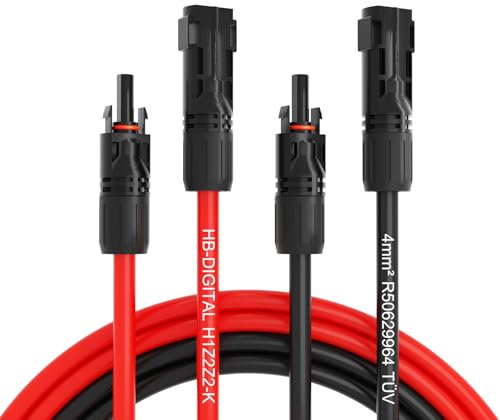 HB-DIGITAL 2 cables solares de 25 m, 4 mm², par de cables para instalaciones fotovoltaicas H1Z2Z2-K con conector solar de 1500 V, cable de conexión flexible, resistente a la intemperie, IP68, rojo y