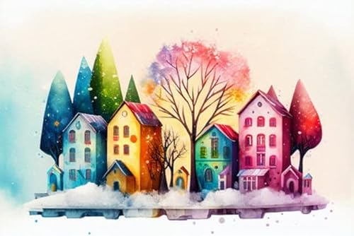 adrium Acryl-Bild 50 x 30 cm: Digitales Aquarell Winterdorf. Weihnachtlich geschmückte Häuser. Komposition mit Haus, Schnee, Süßigkeiten. Illustration (194710603)
