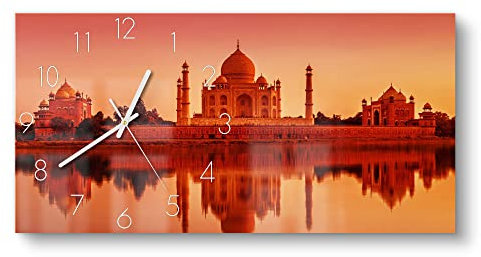 DEQORI Glasuhr | vertikal 60x30 cm | Motiv Taj Mahal in Abendsonne | große XXL Design Uhr aus Glas | leise Wanduhr für Wohnzimmer & Küche | Moderne Hingucker Uhr für die Wand