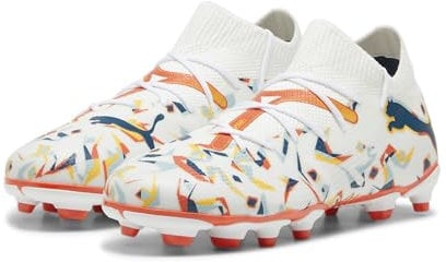 PUMA Future 7 Match Creativity FG/AG JR Soccer Shoe, White-Ocean Tropic-Turquoise SURF-HOT Heat-Sun Stream, 31 EU