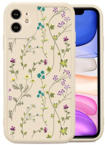 RALEAVO Flower Case for iPhone 12 (6.1”), Girls Floral Silicone Shockproof Case Cover with Cute Patterns Protective Case for iPhone 12-Beige