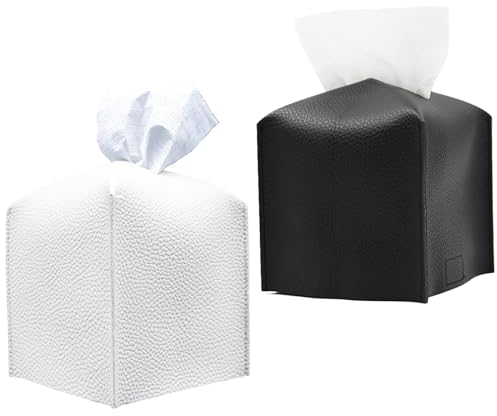 BDSHUNBF 2 Stücke Quadratisch Taschentuchbox, Kosmetiktücherbox, PU Leder Taschentuch Box, Tissue Box für Esszimmer Badezimmer Schlafzimmer Auto Büro, Nachfüllbar 13 x 13 x 13 cm(Weiß und Schwarz)