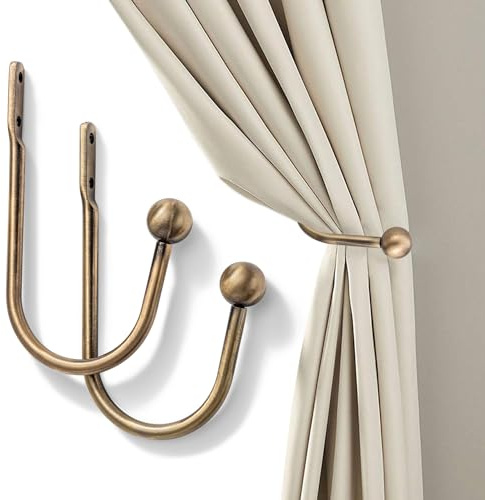 Vorhanghalter, 2 Stück, wandmontierte Vorhang-Raffhalter mit Schrauben, strapazierfähig, Metall, dekorativer Fenstervorhanghalter, Vorhanghaken, Gardinenhalter Wand (Messing)
