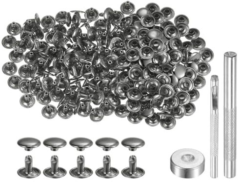 QUARKZMAN 100 Juego Cuero Remache 8 x 10 mm Remaches de Metal de Doble Tapa Broches de Presión Sujetadores con 3 Herramientas de Instalación para Cuero Manualidades Gris Metálico