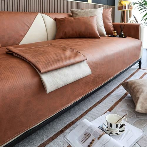 HLTQL Sofabezug Ecksofa L Form Wasserdicht，Sofaschoner rutschfest FüR Leder 3 4 2 1 Sitzer，Sofaschoner SitzfläChe/Hund/Katze，Couchpolster üBerzug(ubrown,90x180cm)