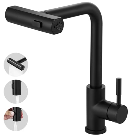 iVIGA Wasserhahn Küche, Küchenarmatur Ausziebar mit Brause, Hochdruck Wasserfall Spültischarmatur 360° Drehung Mischbatterie Armatur Küche, 3 Wasserstrahlarten schwarz