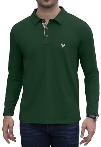 KUYIGO Polo Shirts for Men UK Deer Head Embroidery Contrasting Colors Long Sleeve Golf Tennis Sports T-Shirt with Plaid Trim,Dark Green L