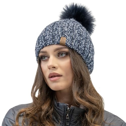 VIVISENCE Winter Bommelmütze Für Damen Herbst Frauen Wintermütze Mit Bommel Antistatischem Innenfutter Perfekte Passform Für Kalte Wintertage Modell 7086, Dunkelblau,Einheitsgröße