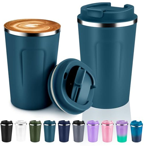 Volhoply 340ml 12oz Double Wall Insulated Vacuum Travel Coffee Mugs with Flip Lid Bulk 2 Pack,Reusable Stainless Steel Leak Proof Coffee Cup,Cafe Thermal Tumbler for Hot & Cold Drinks(Bule,2 Set)