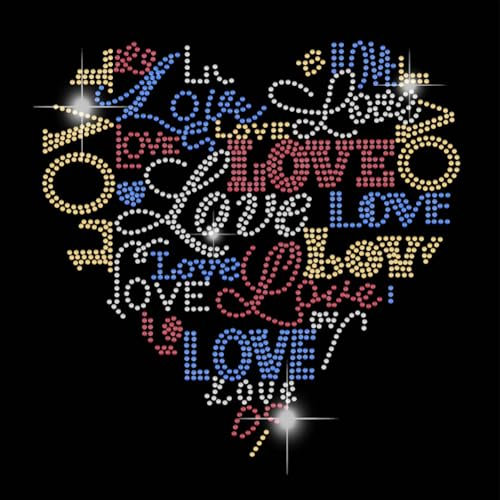 SUPERDANT LIEBE Herzform Strass Hotfix Zum Aufbügeln Text Strass Transfer zum Aufbügeln T Shirt Stras Hotfix Transfer Patch Aufbügel Bunte Diamant Abziehbilder Zubehör Für T Shirts Hoodie Tasche