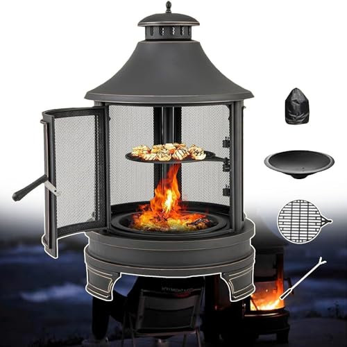 WEIMILOR Outdoor Wood Burning Chiminea Fire Pit, 30 Inch Metal Fireplace w/Grill, Chiminea Cover & Spark Screen Door, Fire Poker, Chiminea Firepit for Patio, Garden, Backyard, BBQ, Deck