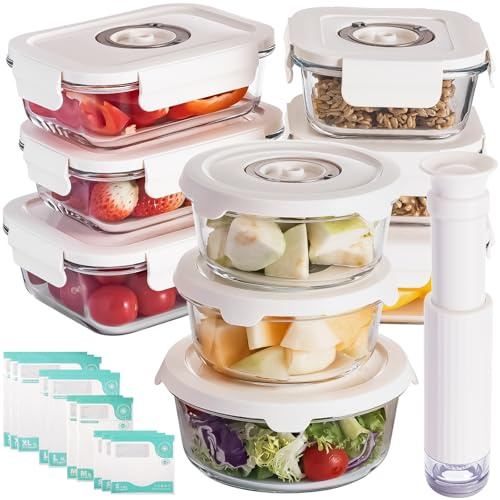 FreshSeal - Lot de 9 récipients en verre refermables sous vide - 6 tailles, pompe manuelle, 10 sacs