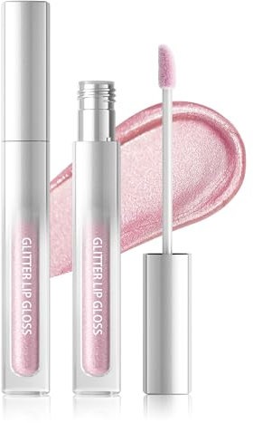 Glitter Lipgloss Hellrosa, Metallic Shimmer Flüssiger Lippenstift 24 Stunden Halt, Waterproof Non-stick Cup Diamond Glitzer Lip Gloss, Hochpigmentiert Sparkly Glossy Lippenstifte Makeup für Frauen-02
