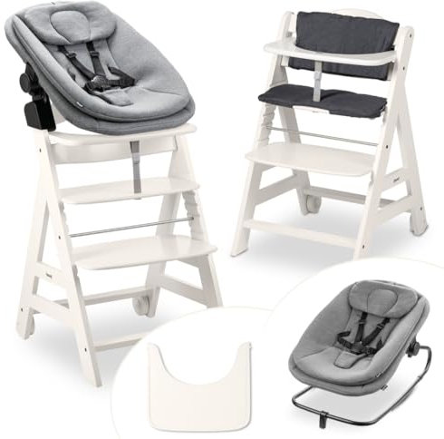 hauck Hochstuhl Beta+ Newborn Set 3in1 Highchair Bouncer - mitwachsender Holz Babyhochstuhl ab Geburt, inkl. Neugeborenenaufsatz, Sitzpolster und Essbrett - Weiß
