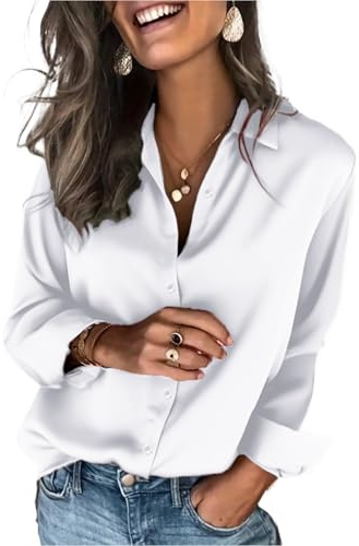 Damen Bluse Satin V-Ausschnitt Satinblusen Elegant Langarm Button Hemden