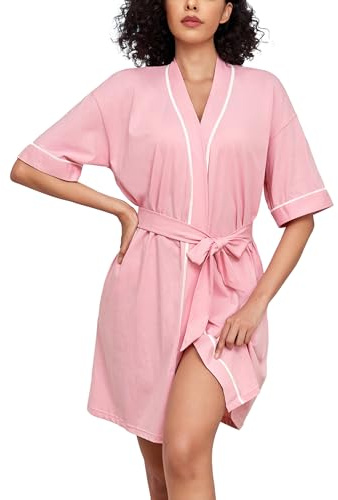 EA'S SECRET Morgenmantel Damen Leicht 100% Baumwolle V-Ausschnitt Schlafanzug Kurz Kimono mit Gürtel Taschen für Spa