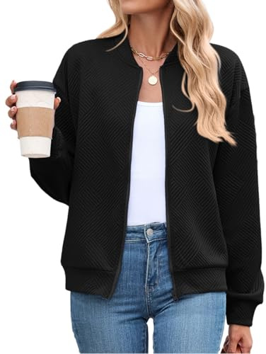 PANOZON Damen Baseball Jacke Reißverschluss Langarm Jacke Casual Bomberjacke Schwarz L