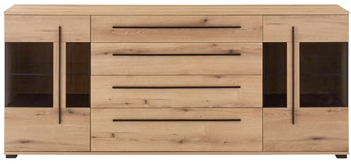 Lomadox Sideboard 200 cm breit Kommode Wohnzimmerschrank in Eiche mit 2 Glastüren und 4 Schubladen inkl. Softclose-Funktion