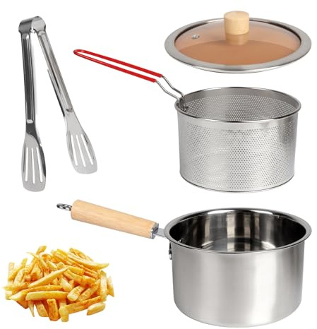 Pentola per Friggere, Pentolino Friggitrice con Cestello in Acciaio Inox, Pentola con Scolapasta Incorporato 2500 ml, Mini Friggitrice ad Olio Multifunzione, per Stufe a Gas e Fornelli a Induzione