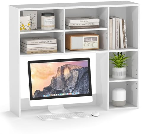 FANTASK Tischregal mit 7 Fächern, Bücherregal, Schreibtisch Aufsatzregal für Monitore bis zu 27, Aufbewahrungsorganizer, Schreibtischregal für Arbeitsplatte, 94 x 25 x 79 cm (Weiß)