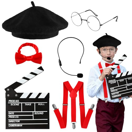 Accessoires de Costume de Réalisateur, Bretelles et Nœud Papillon Enfant Béret Clap Cinema Microphone Casque Jouet Lunettes Rondes Accessoires Déguisements pour Enfants pour Halloween Carnaval Cosplay