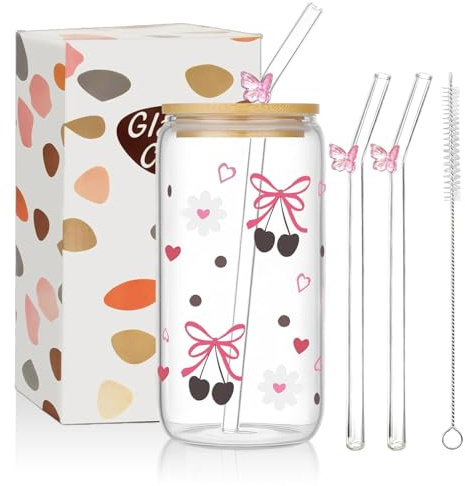 COEWUR Glass Cups with Lids and Straws Set, 16 Oz Pink Heart Bow Iced Coffee Cup Glass Tumbler with Straw and Lid, Aesthetic Iced Latte Glasses and Straw for Ice Bubble Tea Water-Gifts for Women Girl