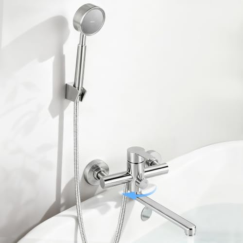 OJTOJT Badewannenarmatur-Set mit Handbrause, langem Auslauf und Wandmontage | Badewannen Dusche Armaturen Set, Edelstahl Badarmatur Wandmontage für Bad Badezimmer; Chrom-Wandarmatur für Badewannen