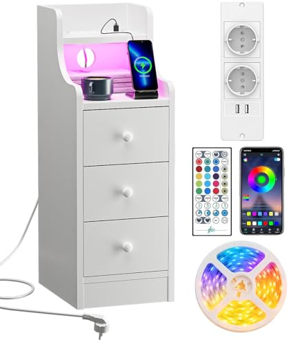 Saitedudu Table de Chevet Étroite avec Station de Charge et Éclairage LED, Table de Chevet Étroite avec 3 Tiroirs et 1 Compartiment, Idéale pour Les Chambres et Les Salons