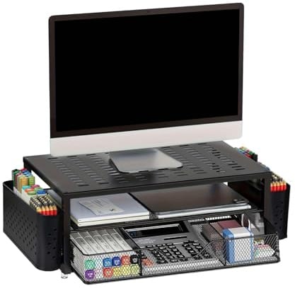 Soporte para Monitor con Cajón y 2 Portalápices – Organizador de Escritorio Ergonómico para Pantalla y Portátil, Base de Mesa para Almacenaje de Accesorios y Orden en Oficina en Casa