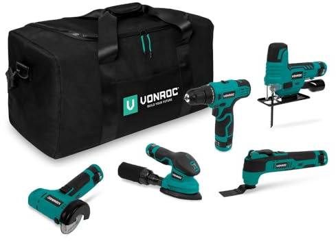 VONROC Set di utensili 12V 5 in 1 - trapano avvitatore, seghetto alternativo, multistrumento, levigatrice, smerigliatrice angolare, 5 batterie, USB-C, borsa (12V - 5 dispositivi)