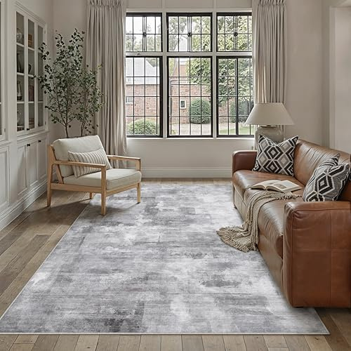 PureCozy Teppich Wohnzimmer 140x200cm Hellgrau Waschbar Kurzflor