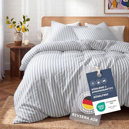 Blumtal Premium Seersucker Bettwäsche 135x200 cm + 80x80cm - Oeko-TEX zert. Bettwäsche Baumwolle 135x200 cm luftig Leichter Viskose-Baumwoll-Mix 50/50 - Sommerbettwäsche kühlend - Bettwäsche Frühling