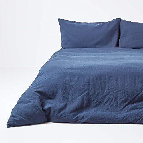 HOMESCAPES Luxury Soft Linen Duvet Cover Set Plain Navy Blue Textured Linen Bedding Natural French Flax Fibre Linen & Pure 100% Cotton Blend Dark Blue Duvet Cover With Pillowcases, Double