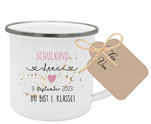 Einschulung Mädchen Geschenk - Tasse Einschulung Du bist 1. Klasse mit Name und Einschulungsdatum für Jungen und Mädchen Schulkind 2025 Emaille Tasse Manufaktur Liebevoll