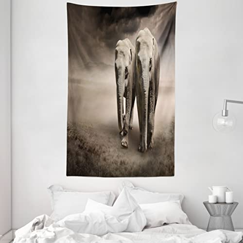 ABAKUHAUS Elefant Wandteppich und Tagesdecke, Paar Tiere Staub aus Weiches Mikrofaser Stoff Waschbar ohne Verblassen Digitaldruck, 140 x 230 cm, Tan Taupe