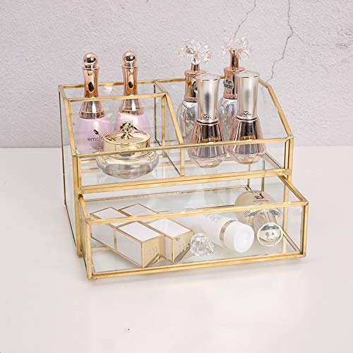 SLHEQING Make up Organizer mit Schubladen Beauty Organizer Schmuck Halter Gold, Glas Kosmetikbox