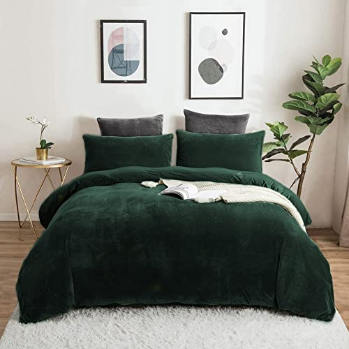 Lanqinglv Dunkelgrün Bettwäsche 200x200cm Biber Warme Winter Plüsch Deckenbezug Doppelbett Bettbezug mit Reißverschluss und 2 Kissenbezug 80x80cm