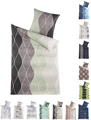 BaSaTex Microfaser Bettwäsche Set | 100% Polyester Mikrofaser | 135x200 cm + 80x80 cm | Reißverschluss | ALEC Grau Grün
