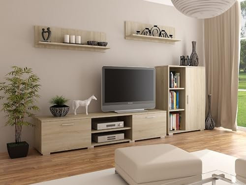 Per la vita Schrankwand Sonoma Szopen – Modernes Regalwohnzimmer Set in Sonoma - Möbel Modern mit integriertem Wohnzimmerschrank, TV Schrank, Sideboard & Wandregal