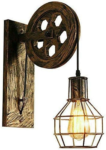 LEDSone Industrielle Vintage-Wandleuchte, Retro-Loft-Riemenradlampe, Leuchte aus gebürstetem Kupfer mit Drahtkäfigschirm (gebürstetes Kupfer)