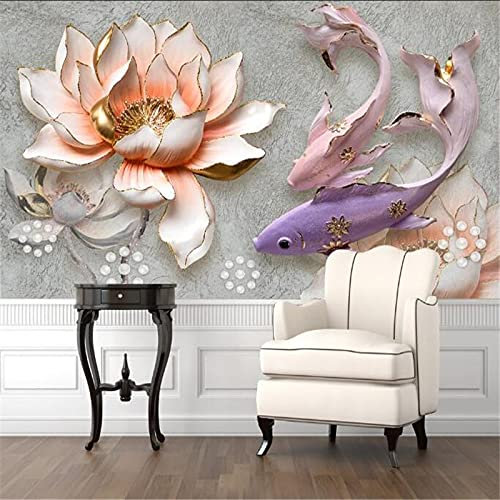 MUMUWUSG Fototapete 3D Effekt Rosa Blumen Tiere Fische Fototapeten Vlies Tapeten Wandtapete Vliestapete Wandbild Wand Schlafzimmer Wohnzimmer Büro Küche 460X280Cm