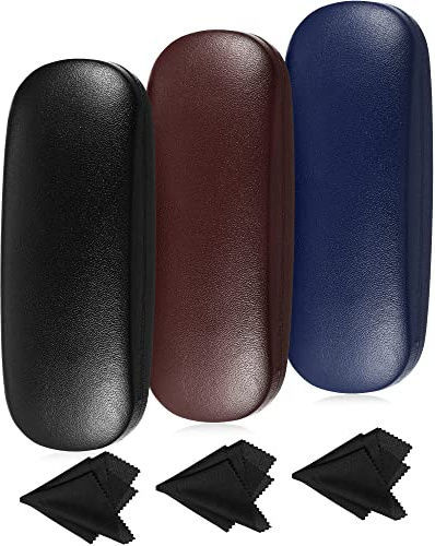 Frienda 3 Pcs Hard Eye Glasses Case with Cleaning Cloth, Blue, Brown, Black
