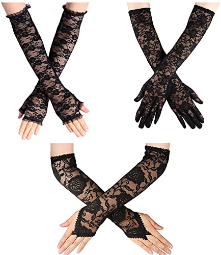 Malaxlx 3 Paar Lange Spitze Fingerlose Handschuhe – Hochzeits- & Opernhandschuhe für Damen