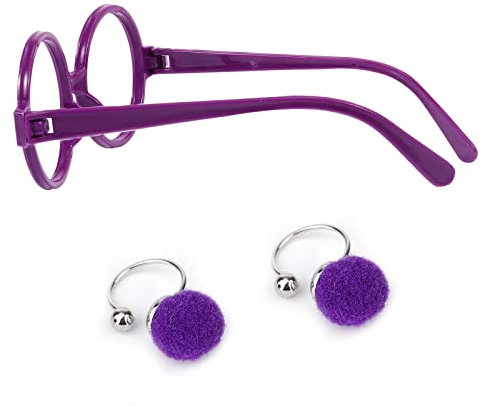 KINBOM Occhiali Viola Festa, 1 Paio di Occhiali Plastica Festa Bambini con 1 Paio di Orecchini, Occhiali Plastica Senza Lenti per Occhiali Plastica Festa per Cosplay Halloween Dress Up