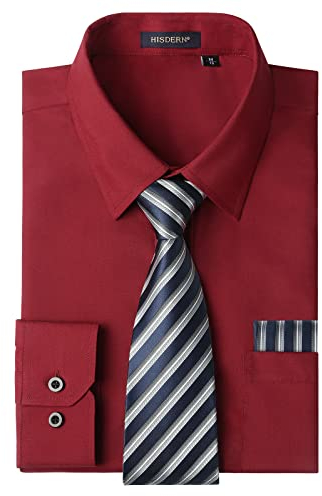 HISDERN Men's Wine Red Shirts Long Sleeve Smart Formal Plain Dress Shirt and Tie Set Business Casual Wedding Regular Fit M